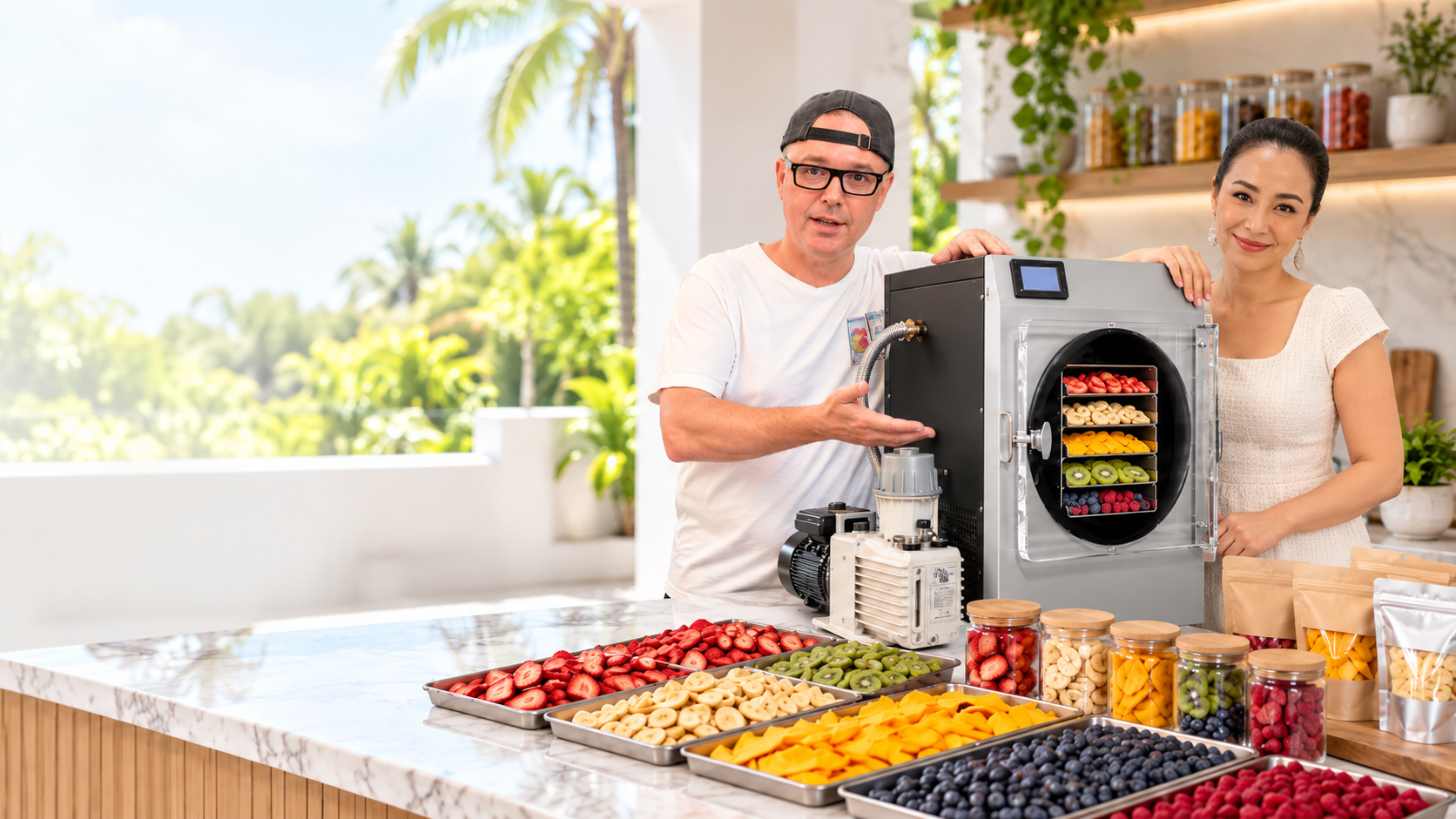 Chad from WeFreezeDryIt with a colleague beside a stainless steel freeze dryer, with trays and jars of freeze-dried strawberries, bananas, mango, kiwi and blueberries in Coronado, Panama